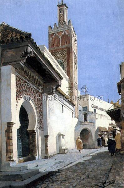 A Street Scene With a Mosque Tangier - 曼纽尔·加西亚·罗德里格斯